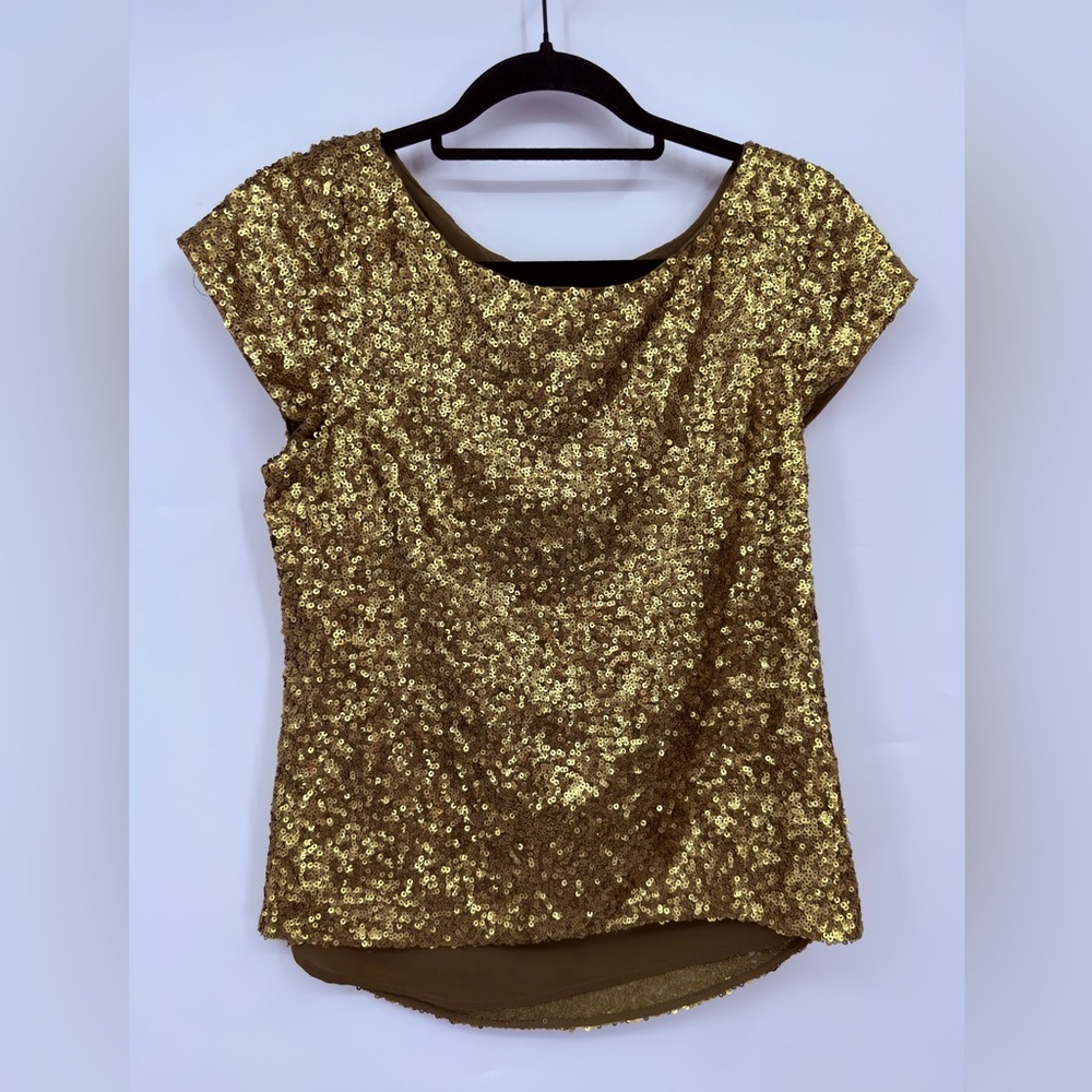Alice + Olivia Gold Sequin Silk Top Small Cap Sleeve Party Blouse